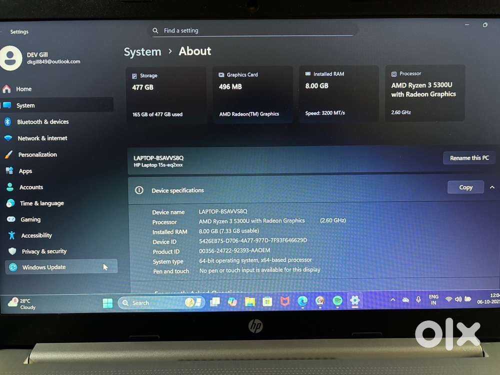 HP Laptop AMD Ryzen 3 5300U with Radeon Graphics (2.60 GHz)