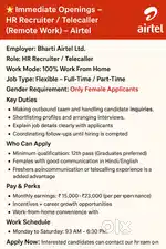 Immediate Openings – HR Recruiter / Telecaller (Remote Work) – Airtel