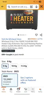 Whirlpool washing machine 9KG Top Load