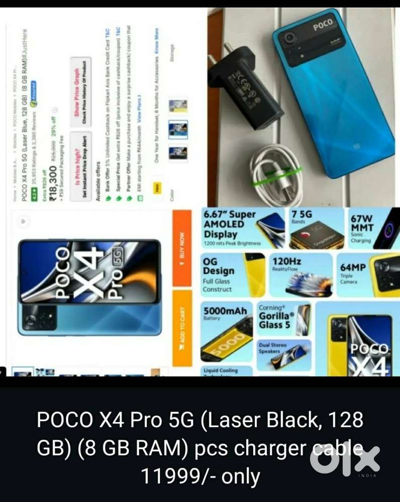 POCO X4 Pro 5G (Laser Black, 128 GB) (8 GB RAM) pcs charger cable