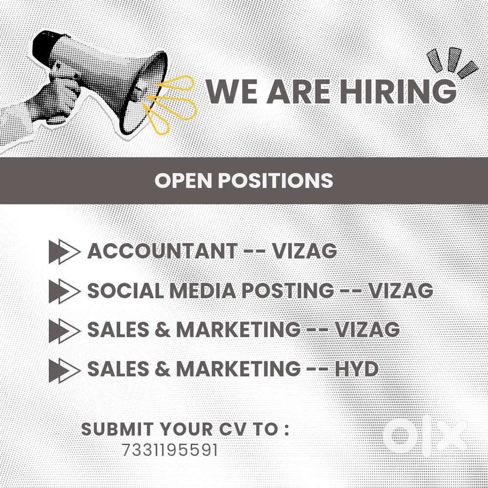 Openings for Accountant, Sales & Marketing and Social Media Postings.