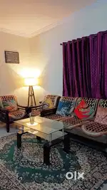 Wooden Sofa, Glass table, floor lamp