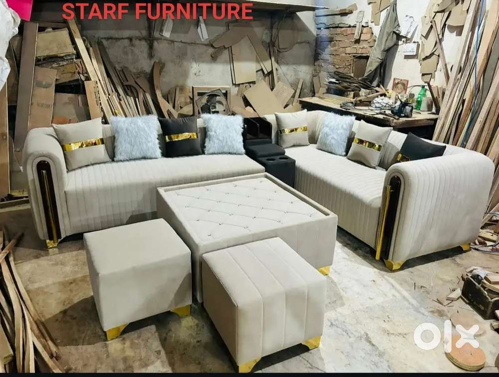 L shape sofa set with stripes model and designing handle