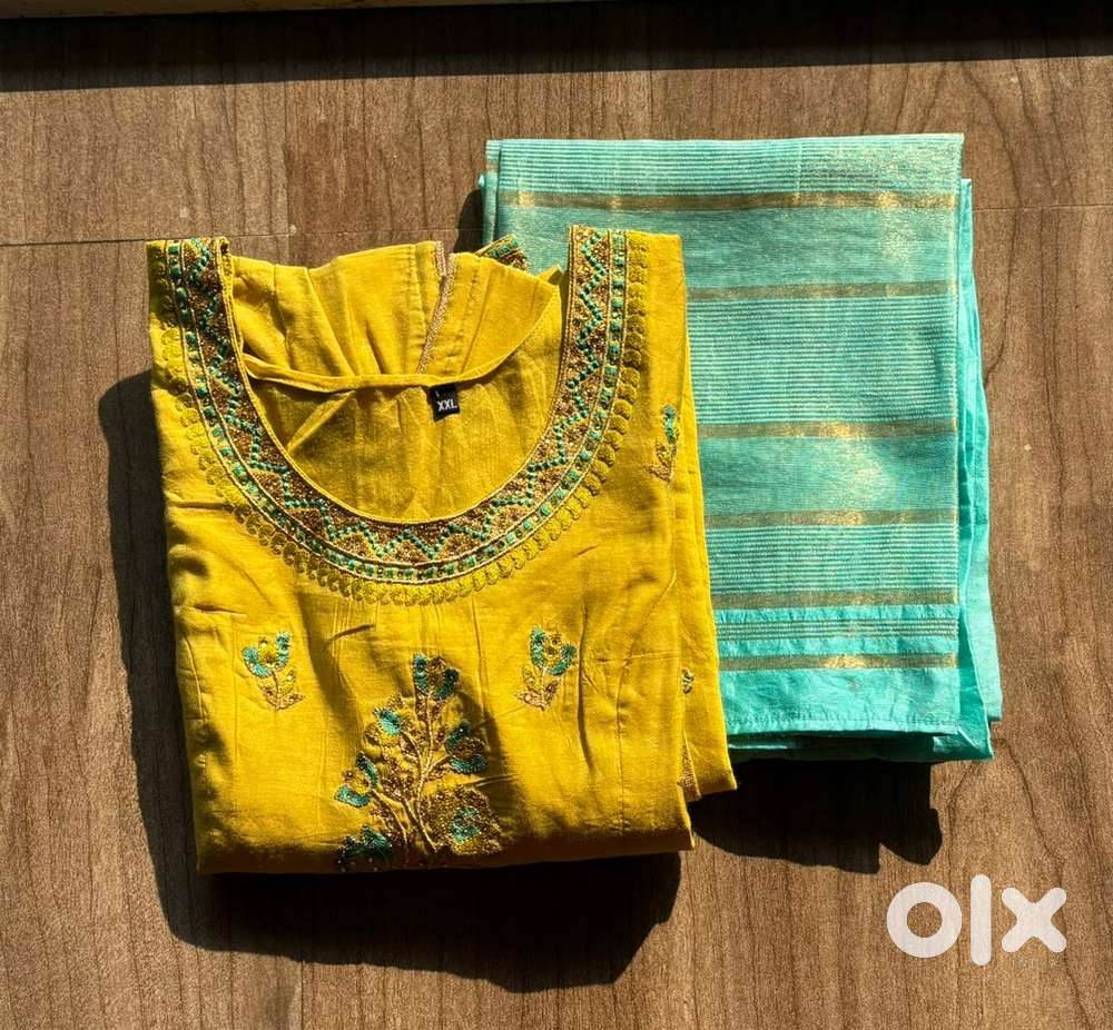 Elegant yellow embroidered kurti with aqua blue dupattafestive look