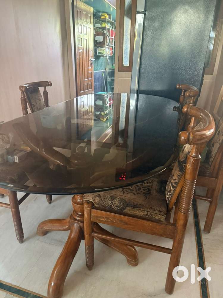 6 seater teak wooden with glass dining table