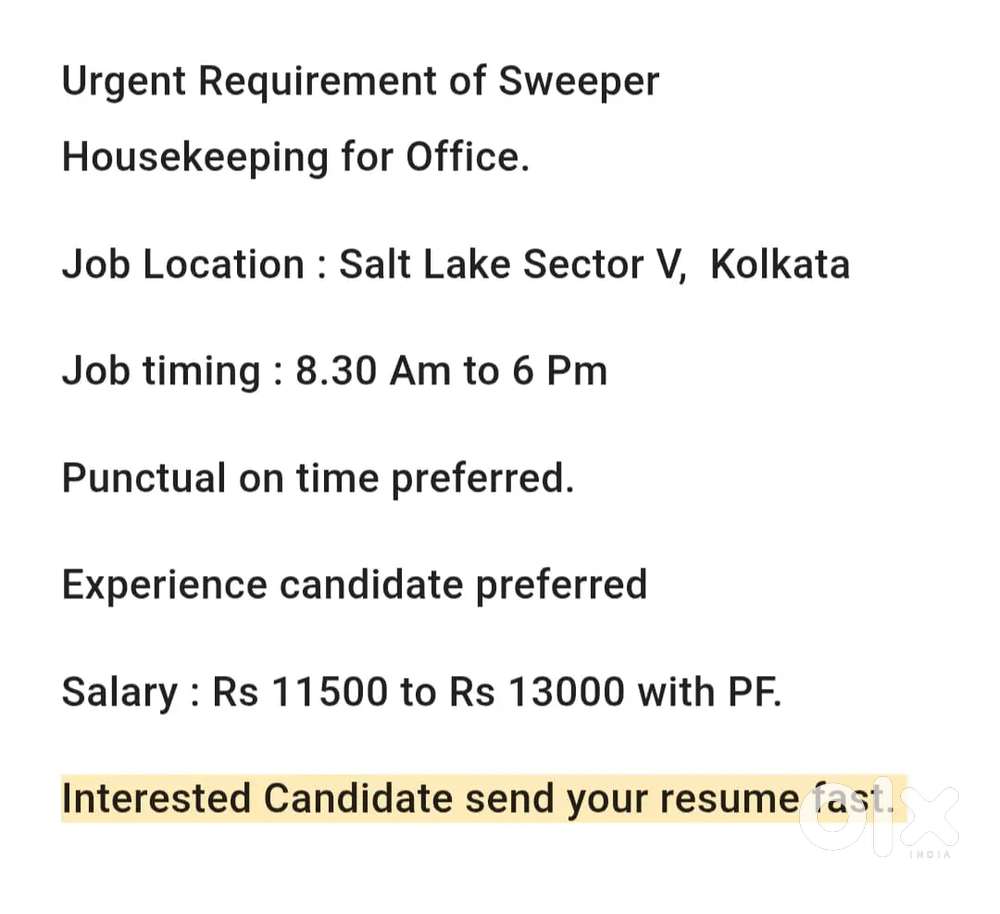REQUIREMENT OF SWEEPER (HOUSEKEEPING) FOR OFFICE