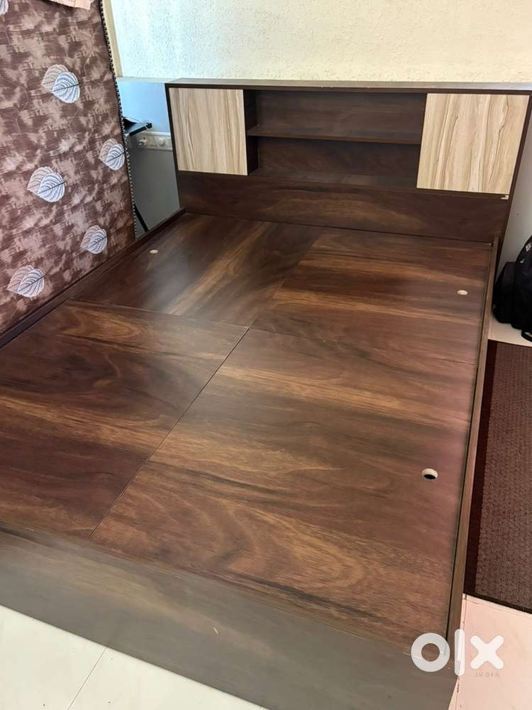 Engineered wood queen size bed, study table, mid back revolving chair