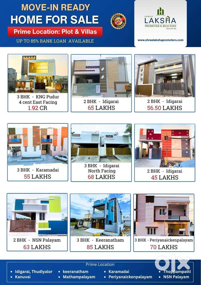 2BHK 45L to 65L  Home/House for sale Thudiyalur, DTCP Approved