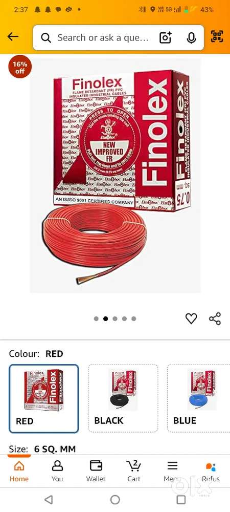 Finolex wire  6mm  red colour