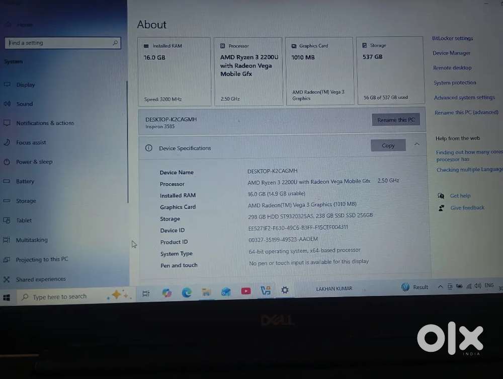 Dell laptop 8+8=16 GB ram SSD 256