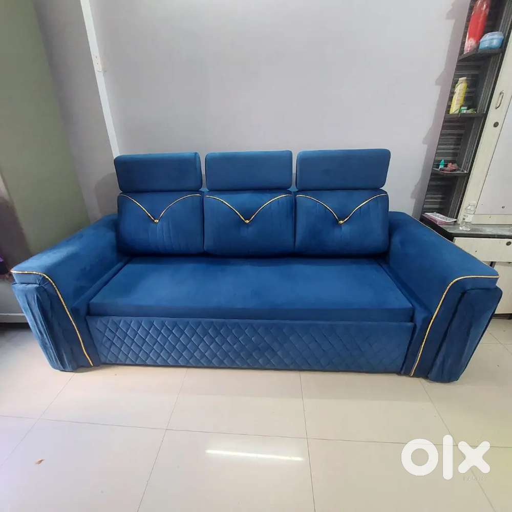 Premium Blue Velvet Sofa Cum Bed Elegant, Spacious & Hardly Used