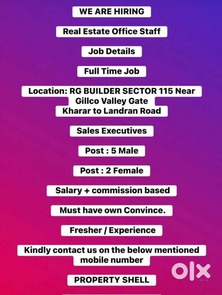 We are Hiring Real estate office Rg builder required sale manager
