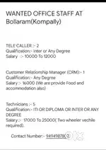 Wanted office staff at bollaram(Kompally)
