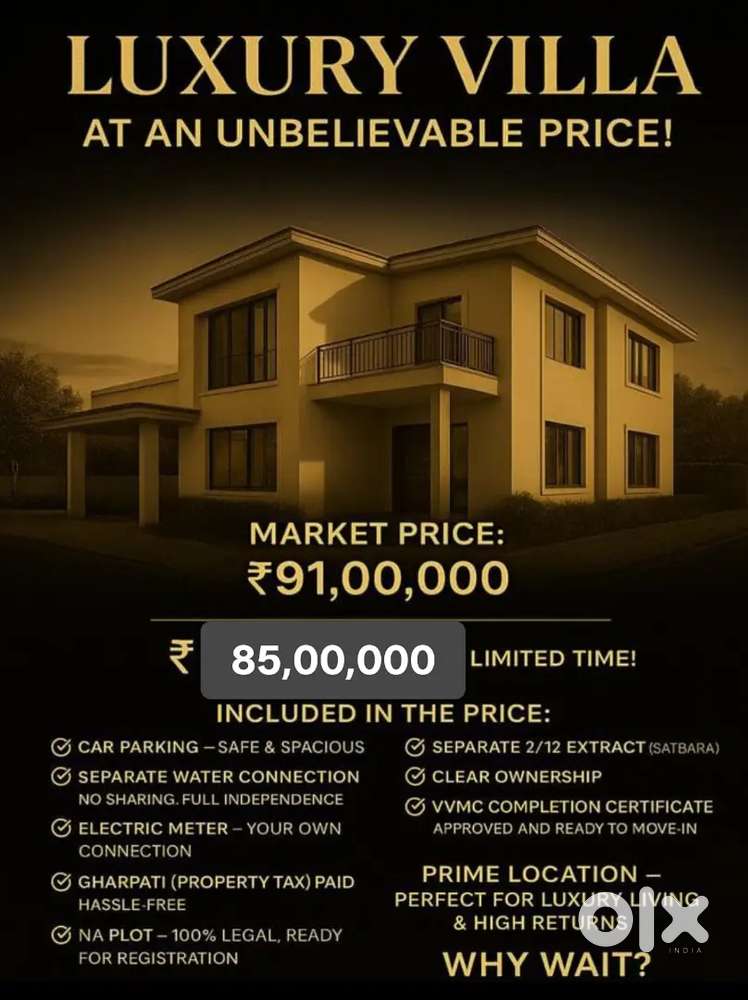 Brand New 2 BHK Bunglow for Sale with VVMC  approved