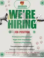 Hiring now -pet Groomers(male &female. Annmess വെറ്റിനറി hospital