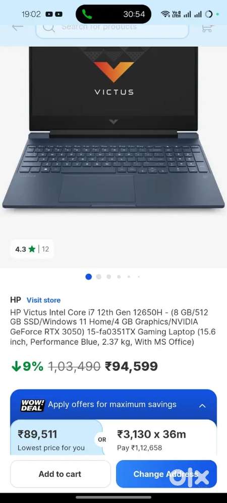 Hp victus i7 12th generation 16GB +8 GB RAM RTX 3050ti