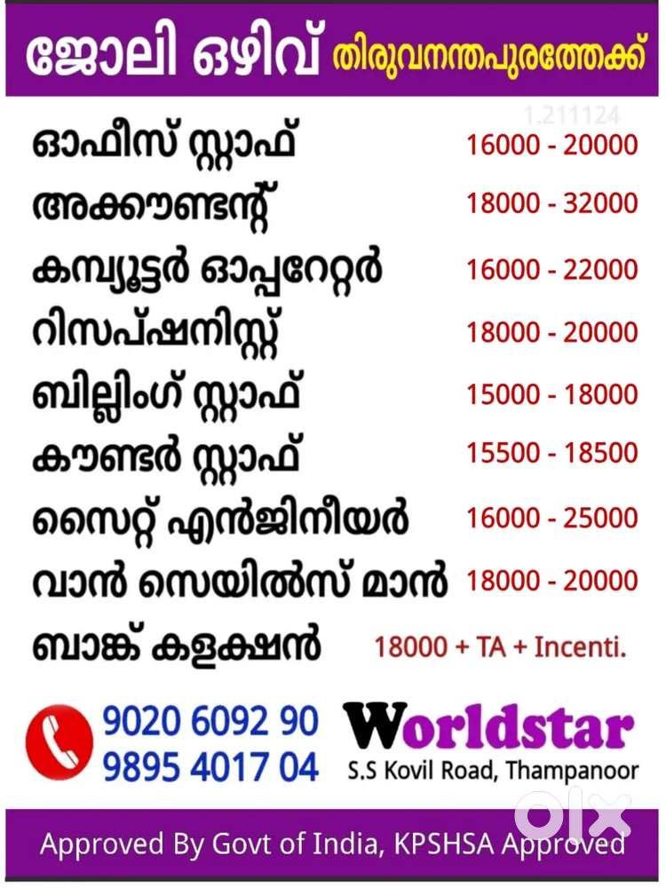 JOB VACANCIES IN TRIVANDRUM, (WANTED OFFICESTAFF, ACCOUNTANT, ETC..