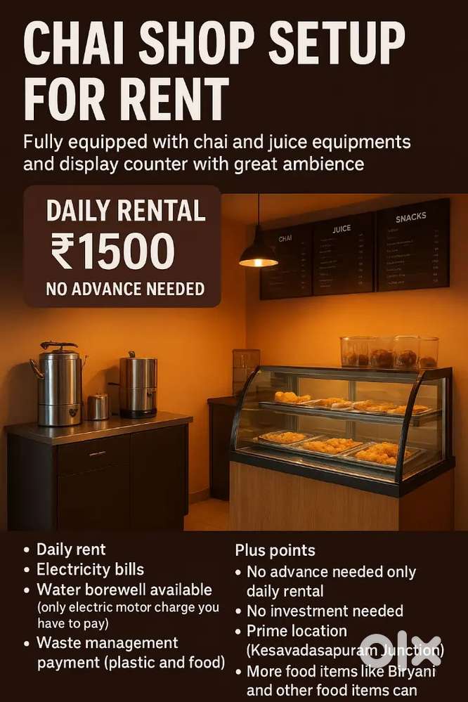 Fully Equipped Chai & Juice Shop for Daily Rent – No Advance!