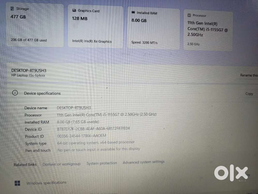 Hp laptop 1.5yr OLD i5 11gen , RAM 8GB AND 512 GB SSD