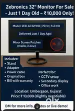 Zebronics monitor 32 inch for sale