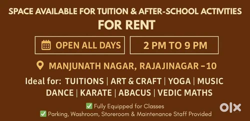 Fully setup Space available for rent for after school activities