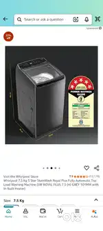 Fully automatic 7.5kg whilrpool topload washing machine sale 5star*