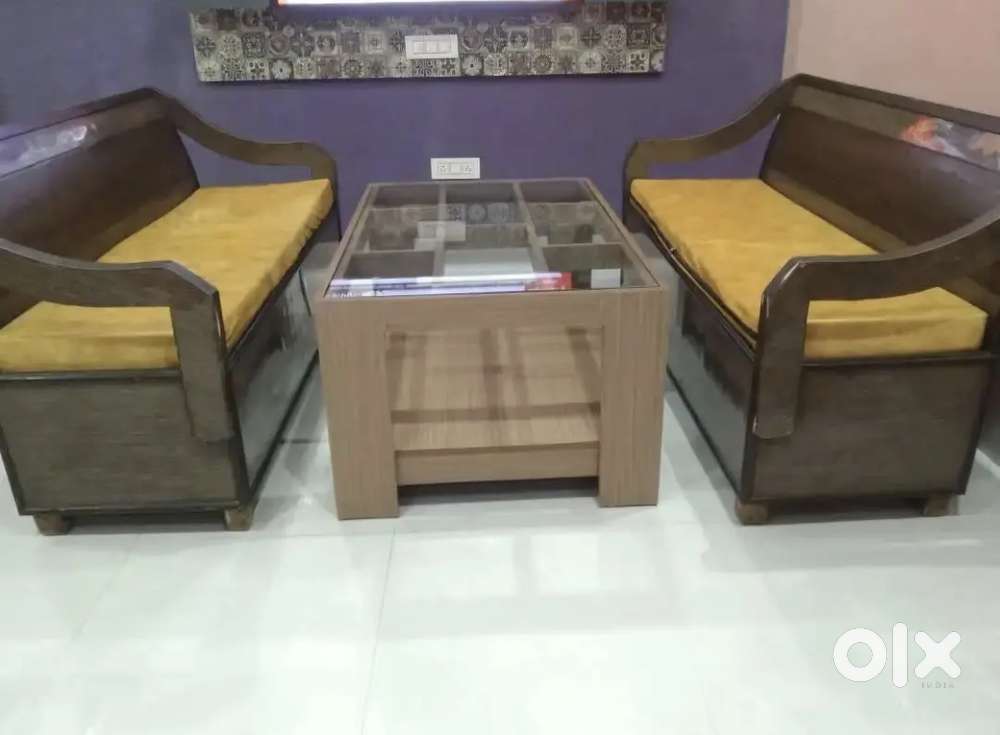 6 Seater Wooden Glass Table Sofa Set