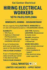Hiring Electrical Workers  | Immediate Joining | Bhubaneswar | Odisha