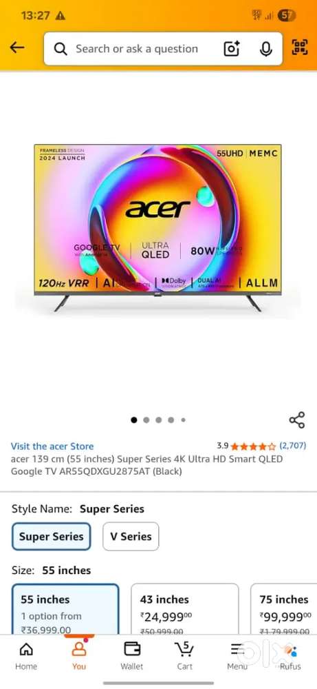 Acer tv qled 55 inch with 80w
