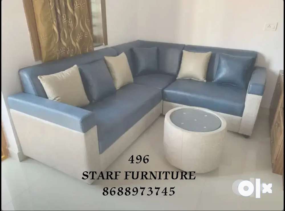 Cream and gray colour rexine L shape sofa set