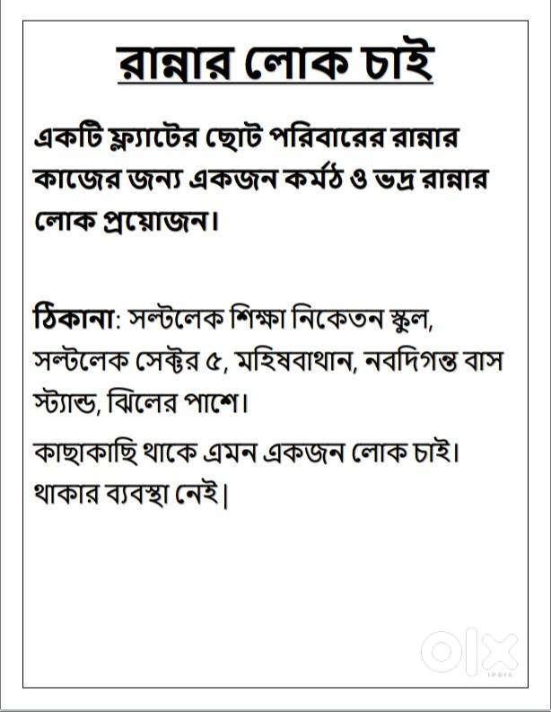 রান্নার লোক চাই -একটি ফ্ল্যাটের ছোট পরিবারের রান্নার কাজের জন্য