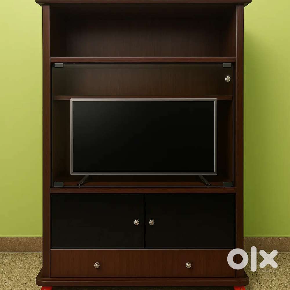 Wooden TV Stand with Glass Doors & Storage