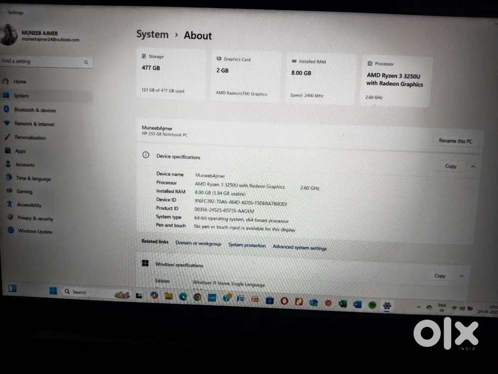 HP 255 G8 Notebook PC, Storage 477 GB, Graphic card  2 GB,  RAM 8 GB