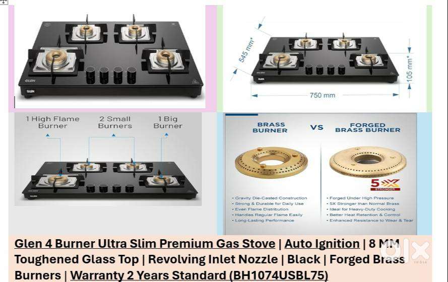 New Glen 4 Burner Ultra Slim Premium Gas Stove  Auto Ignition (Sep 25)