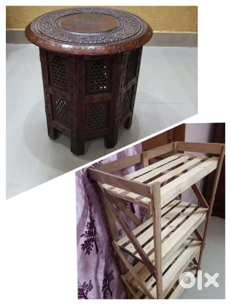 Beautiful Hand Crafted Wooden Side Table Round & Wooden Shoe Rack