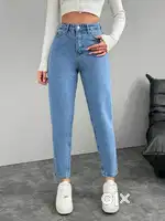 Denim blue straight fit,High Waisted Mom Jeans