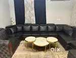 Luxury Black 12-Seater Leather Sofa with White 3-Piece Table Set