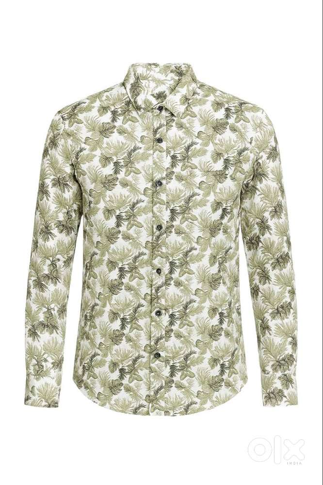 Poshpinz Men’s Printed Casual Shirt  White & Green Leaf Design Half/F