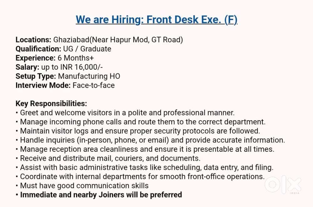 Looking for Front Desk Coordinator