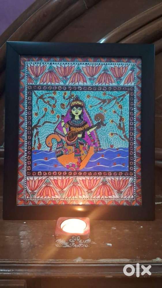 madhubani art, painting lord saraswati, handmade