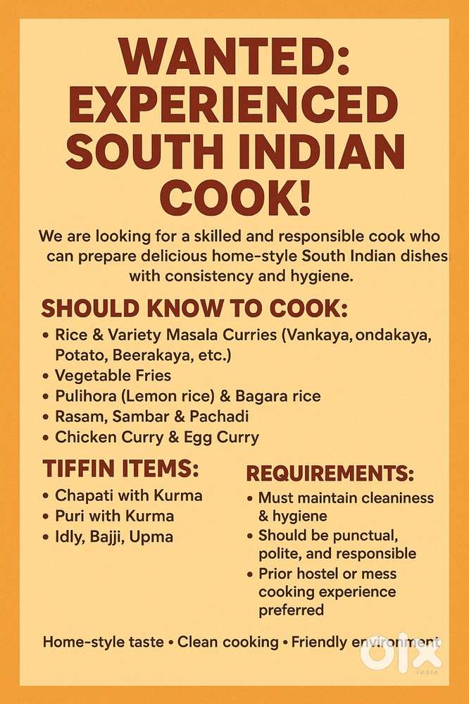 Cook needed for boys hostel
