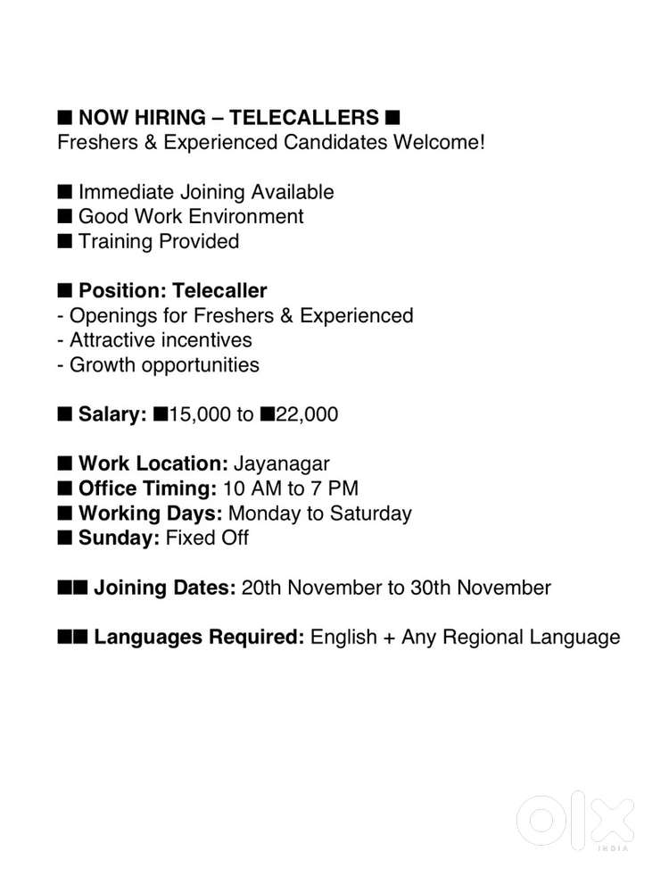 Immediate joiners for telecalling