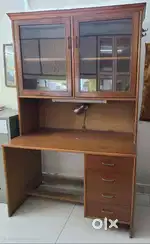 Wooden computer or study table with drawers and overhead cabinets