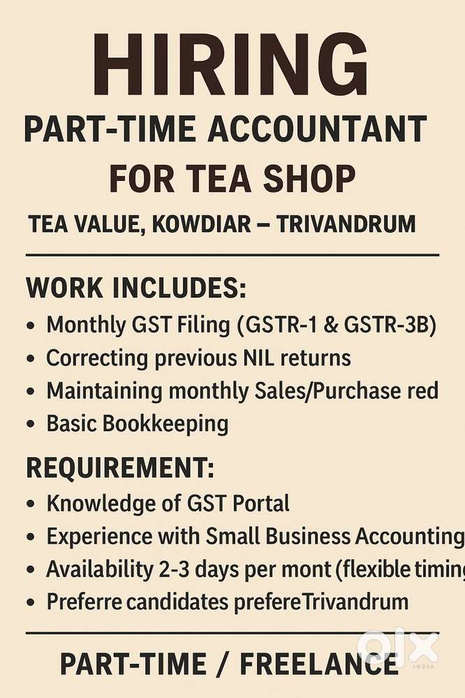 Part-Time Accountant Needed for Tea Shop (Kowdiar – Trivandrum)