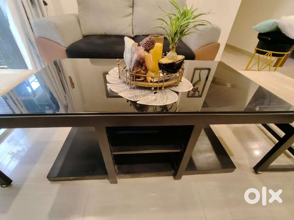 Wooden Table with glass top and 2 stools