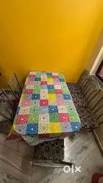Glass dining table & semi take wood bed