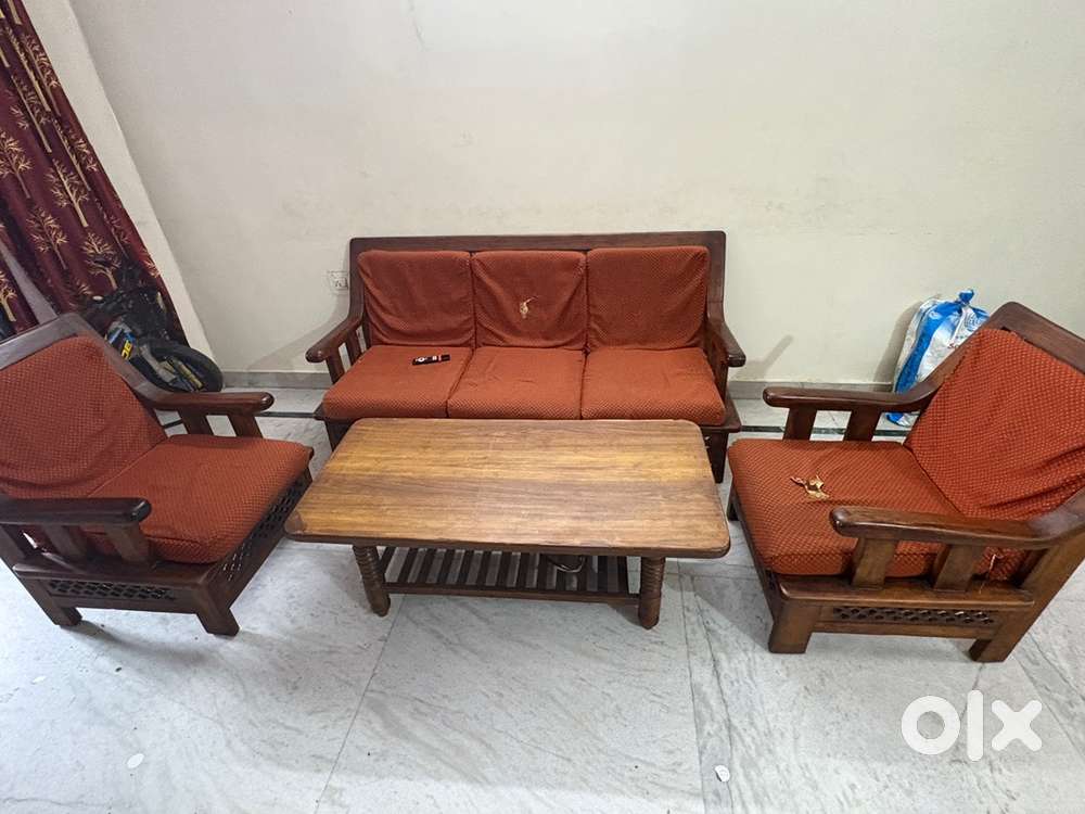  Classic Wooden Sofa Set with Center Table – Good Condition!