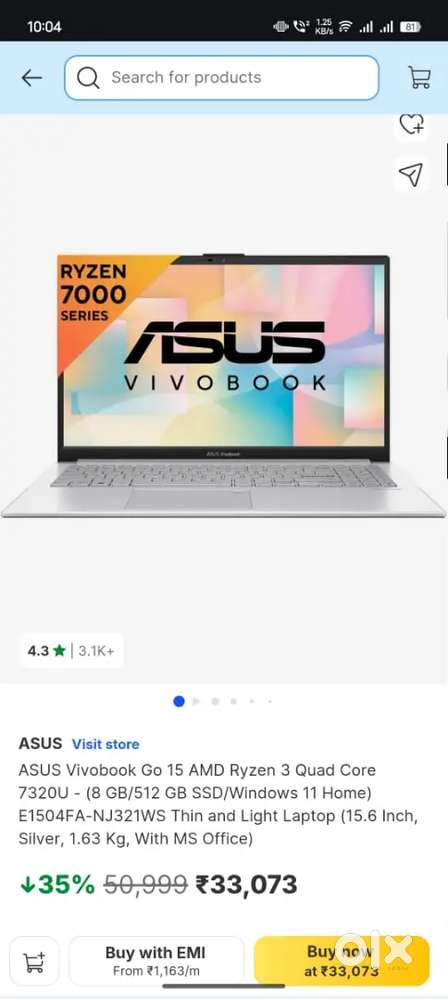 ASUS Vivobook Go 15 AMD Ryzen 3 Quad Core 7320U