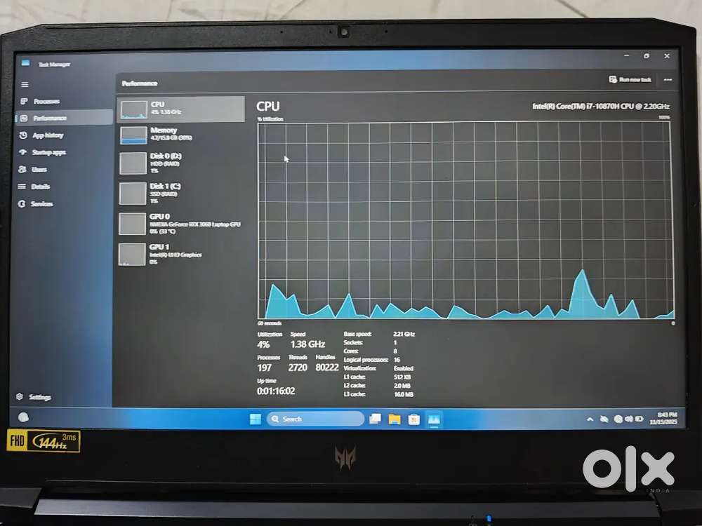 Acer Predator Laptop - i7 10th gen, 3060 6GB, 16 GB RAM, 1TB storage