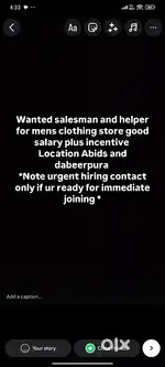 Wanted salesman for mens clothing store